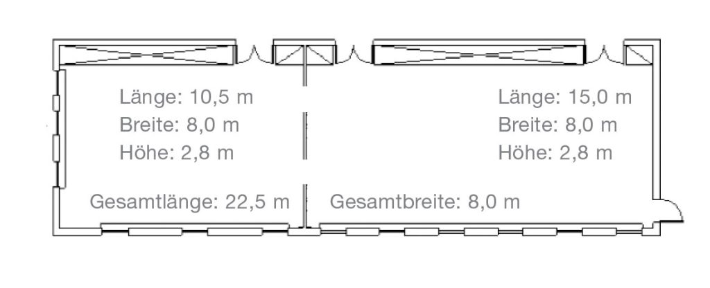 Grundriss Salon Louise 1 und 2 mit Maßen: Louise 1 mit 10,5 m Länge, 8 m Breite und 2,8 m Höhe. Louise 2 mit 15 m Länge, 8 m Breite und 2,8 m Höhe. Beide Räume zusammen haben 22,5 m Länge und 8 m Breite.
